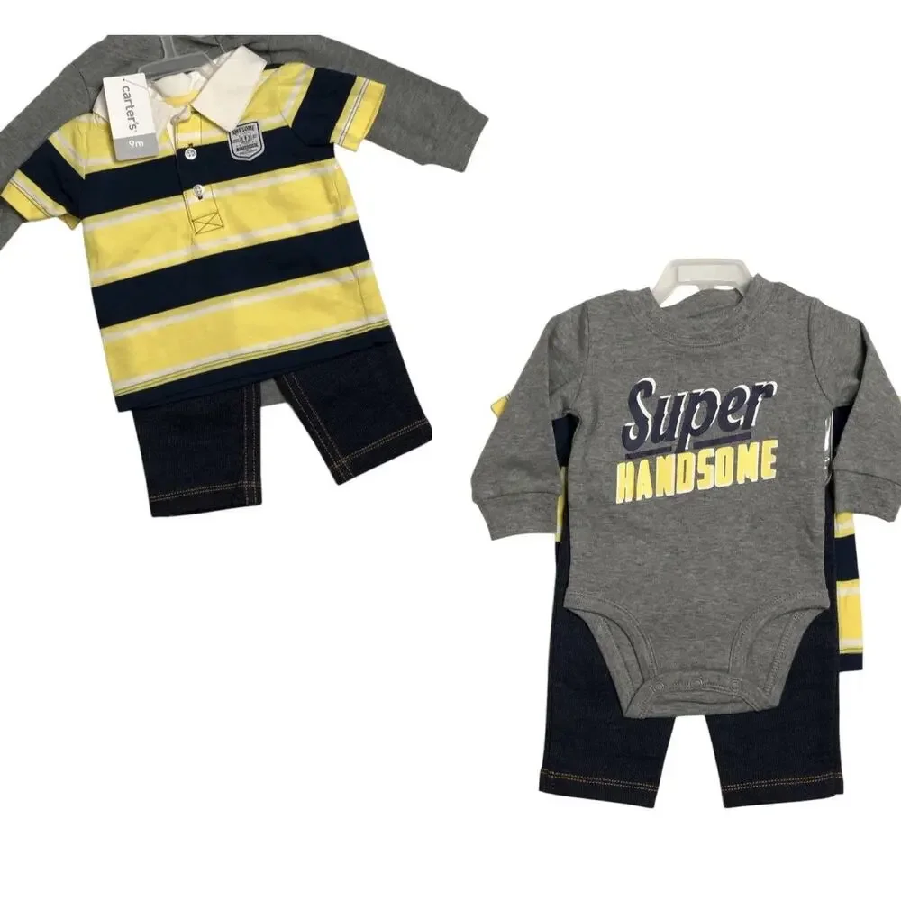 Carters Baby Boy 3 Pc Outfit Short Long Sleeve Shirts Jeans Super Handsome 9 M‎